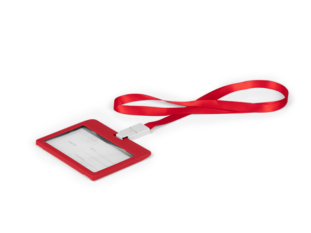 HOLDING plastic ID card holder with lanyard
