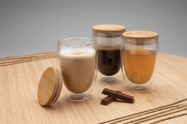 Set dvije čaše s dvostrukom staklenom stijenkom i bambusovim poklopcem - 350 ml