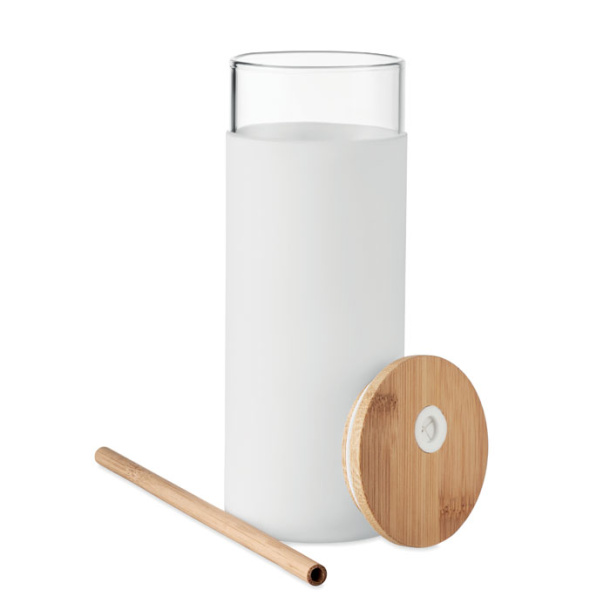 STRASS Staklena čaša u silikonskoj navlaci s poklopcem od bambusa 450 ml
