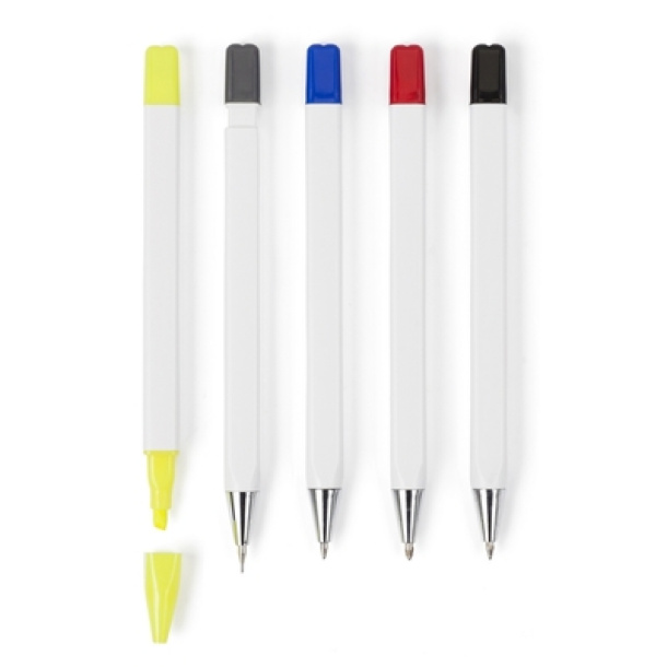  Writing set, pencil, highlighter and ball pens with caps that indicate ink colour