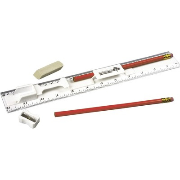  Ruler, 2 pencils, pencil sharpener and eraser