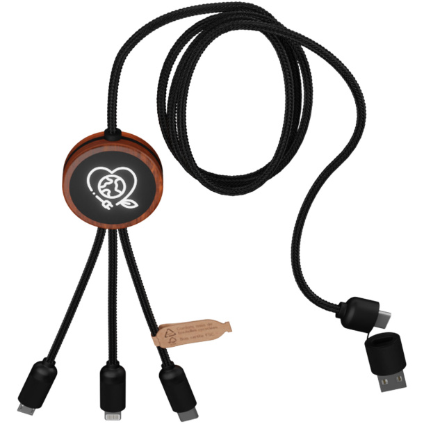 SCX.design C37 3-in-1 rPET light-up logo charging cable with round wooden casing - SCX.design