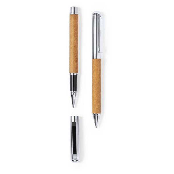  Recycled leather writing set, ball pen and roller ball pen