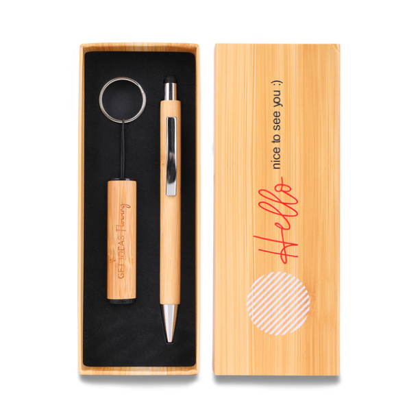 PELAK bamboo pen and torch keychain in a gift box
